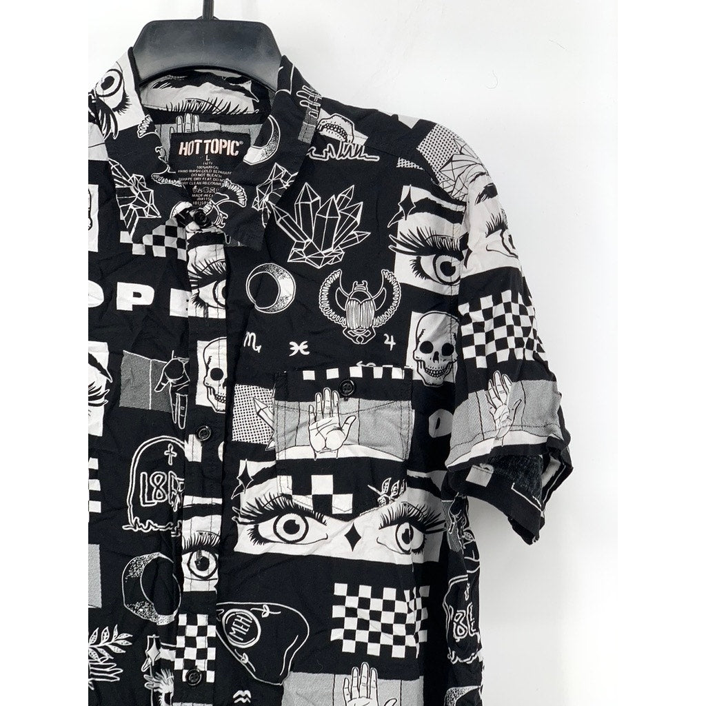 HOT TOPIC Men's Black-White Printed Nova Woven Button-Up Shirt SZ L