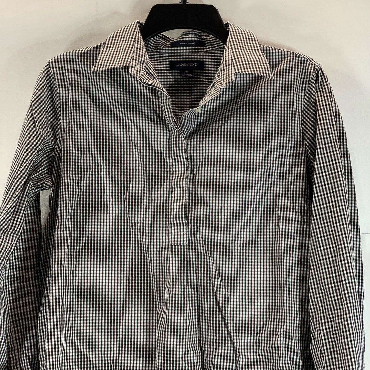 LANDS' END Women's Petite Black Gingham No Iron Supima Button-Up Top SZ 8P