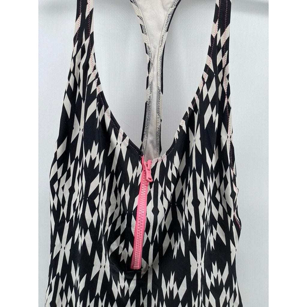 VICTORIA SECRET Women's Black-White Half-Zip Racer-Back One-Piece Swimsuit SZ M