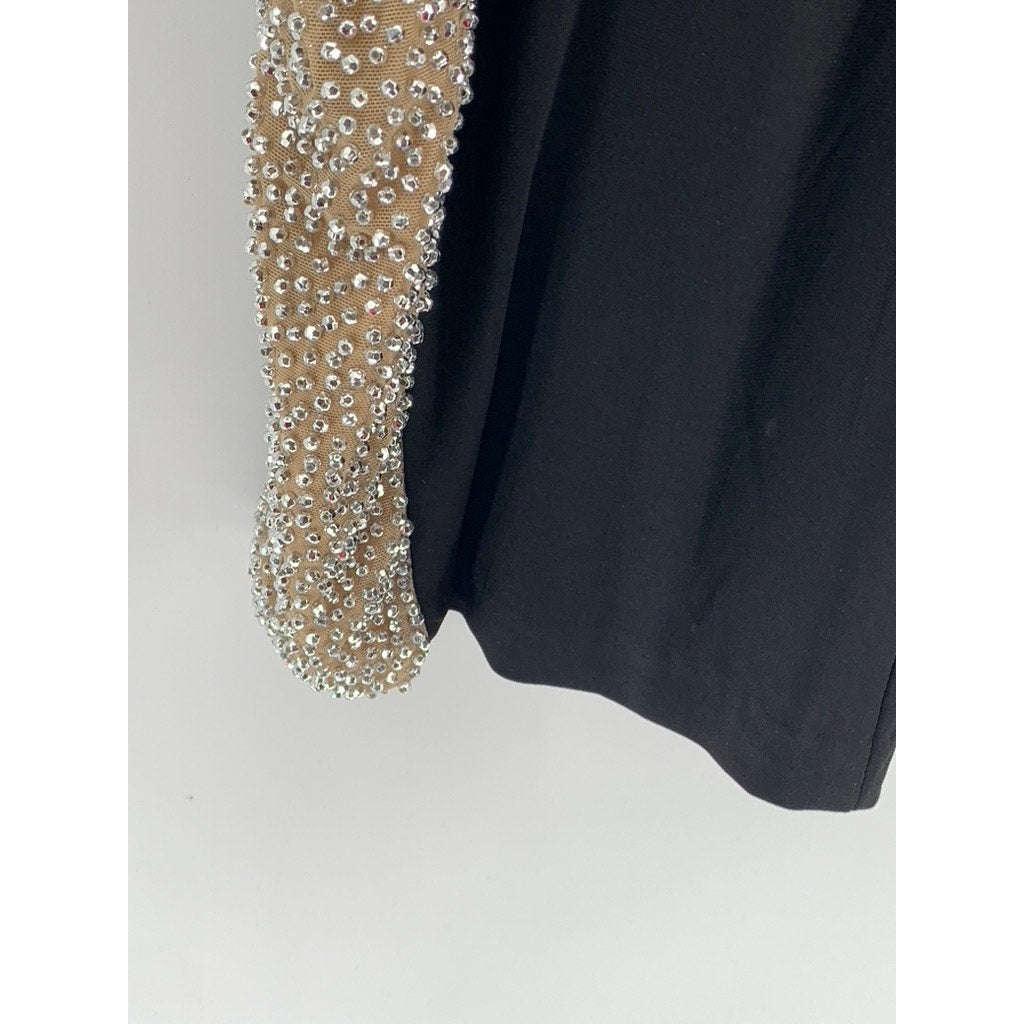 AQUA Women's Beige-Black Beaded Scoop-Neck Long Sleeve Illusion Shift Dress SZ 2