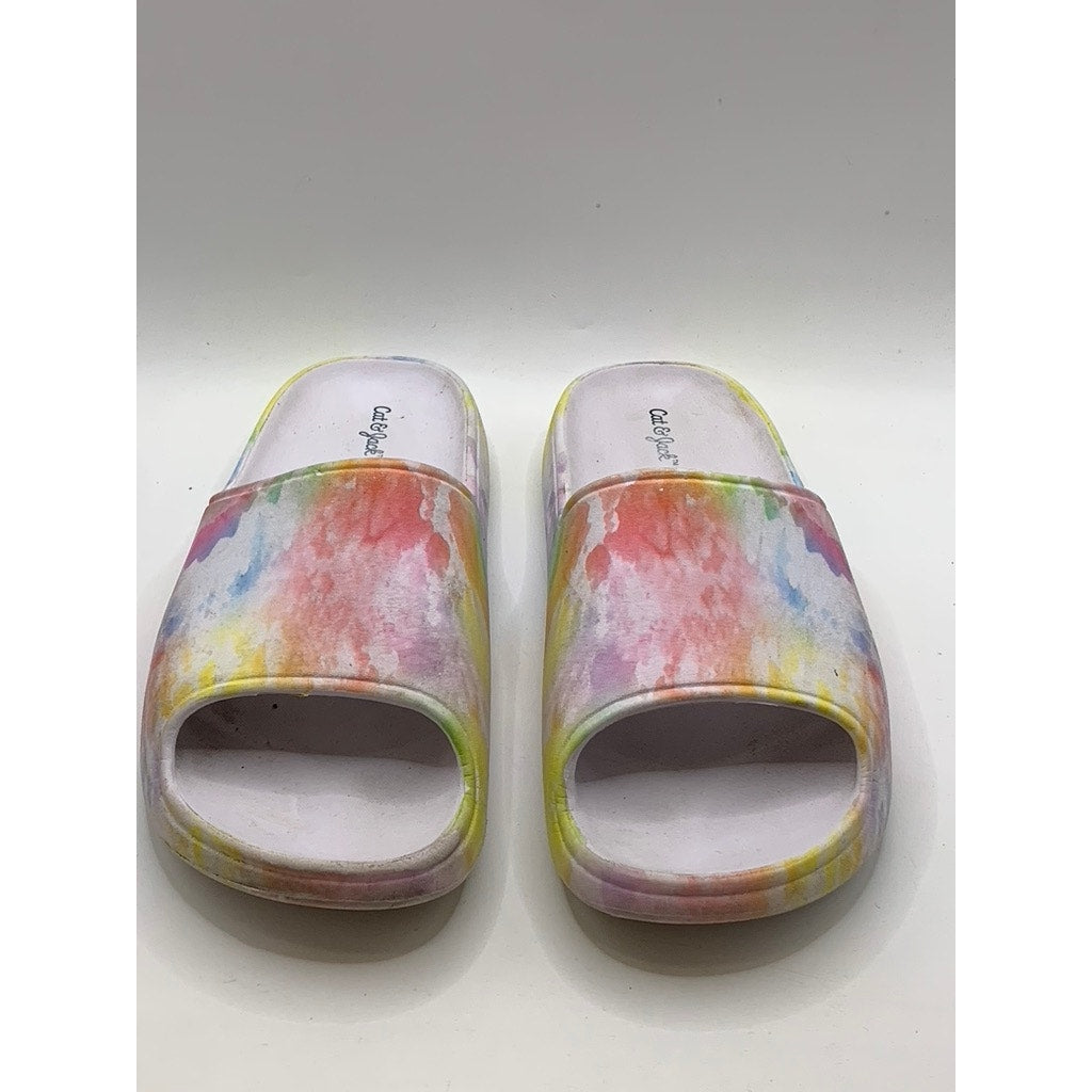 CAT & JACK Girls' White-Multi Tie Dye Slides SZ 2