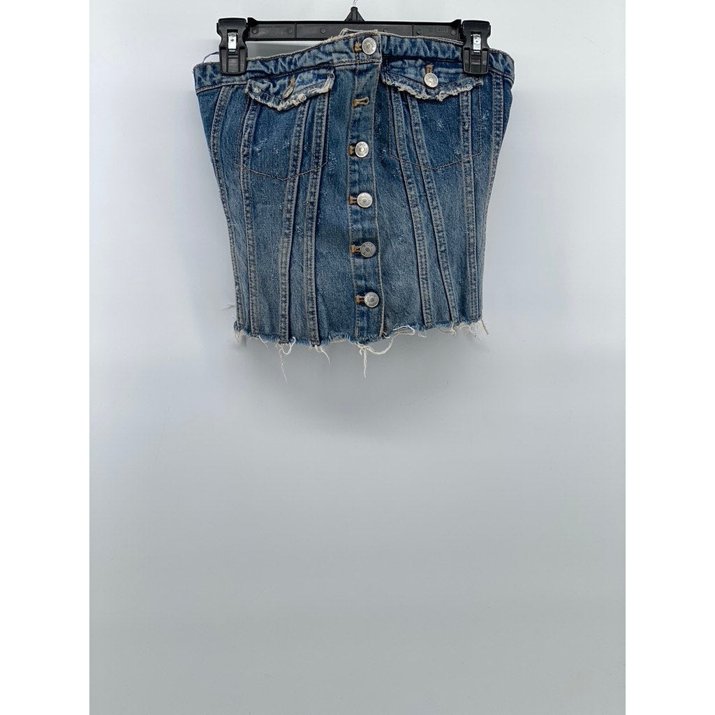 ZARA Women's Light Blue Denim Raw-Hem Button-UP Strapless Corset Top SZ M