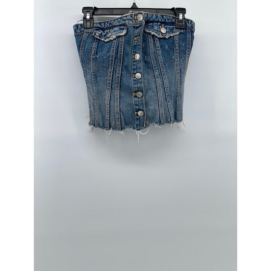 ZARA Women's Light Blue Denim Raw-Hem Button-UP Strapless Corset Top SZ M