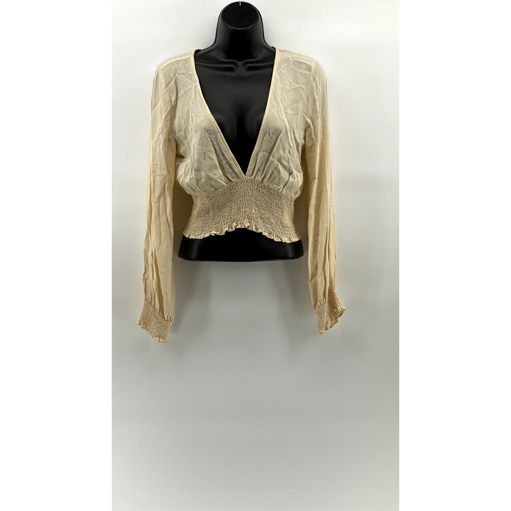 URBAN OUTFITTERS Women's Beige Ruth V-Neck Smocked Long Sleeve Cropped Top SZ M