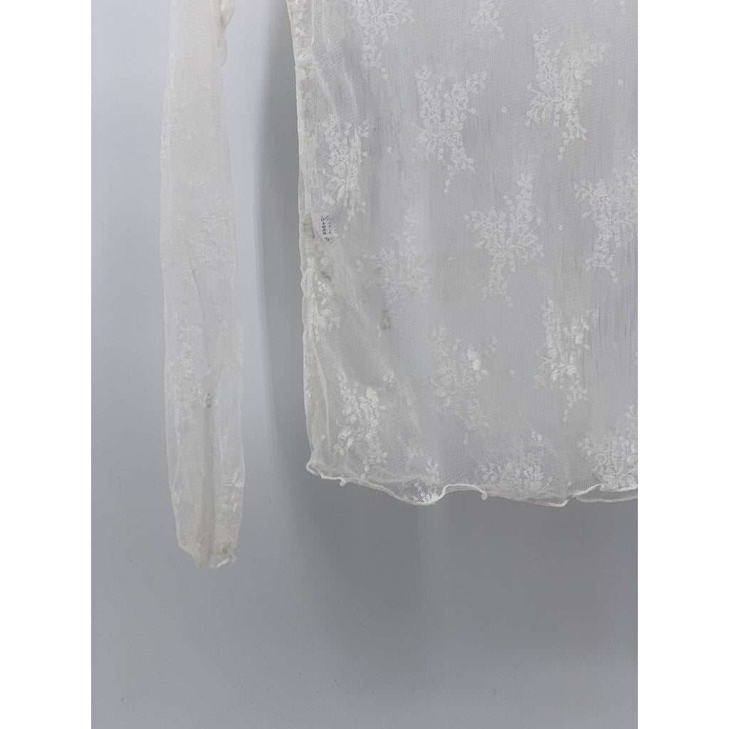 UNBRANDED Women's White Floral Mesh Mock-Neck Long Sleeve Top SZ S