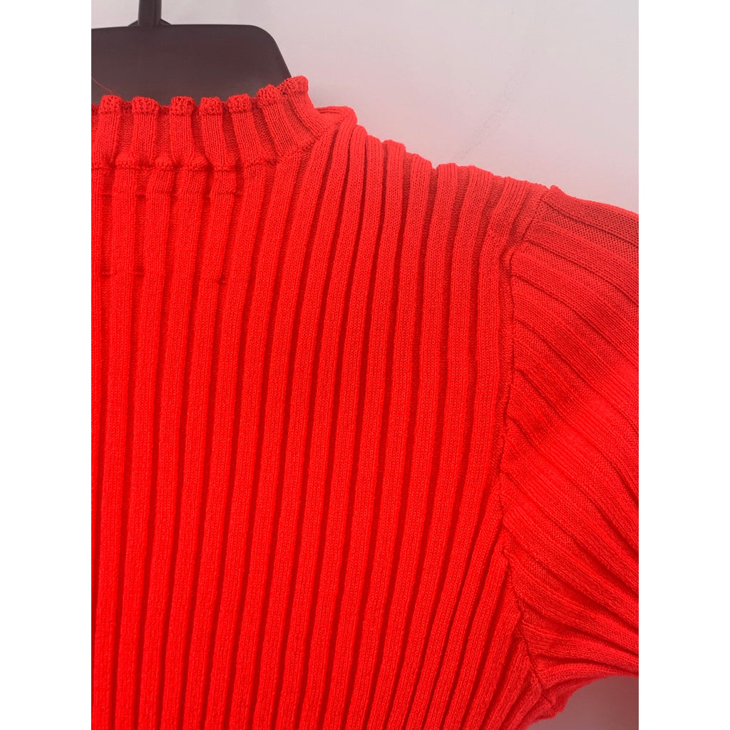UNBRANDED Women's Neon Orange Ribbed High-Neck Short Sleeve Top SZ XS/S