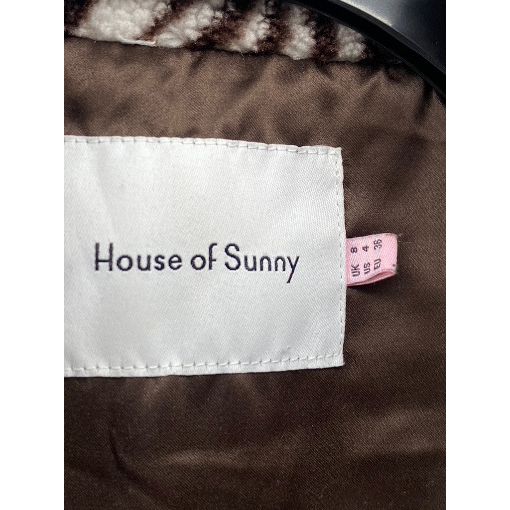 HOUSE OF SUNNY Women’s Brown-Cream Zebra Print Half-Button Teddy Sweater SZ 4