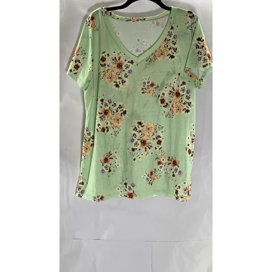 UNBRANDED Women's Light Green Floral Print V-Neck Short Sleeve Top SZ XL