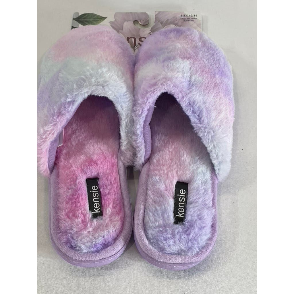 KENISE Women's Blue Multi Comfy Tie-Dye Faux-Fur Memory Foam Slipper SZXL(10/11)