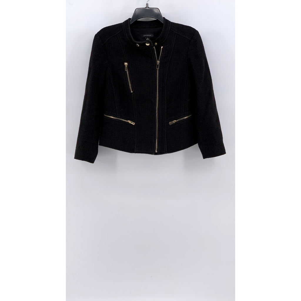 ANN TAYLOR Women's Black Side Zip-Up Collarless Moto Jacket SZ 8