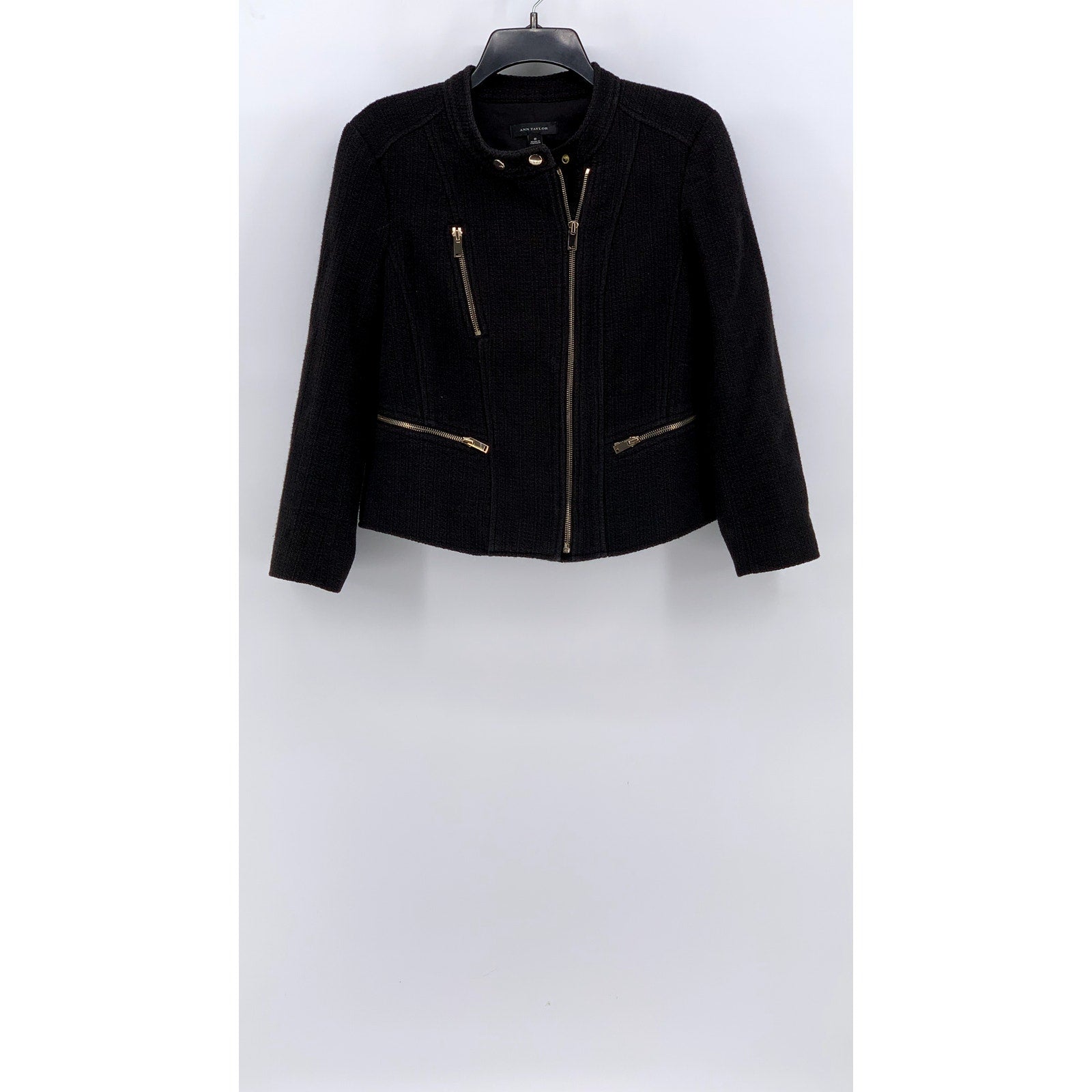 ANN TAYLOR Women's Black Side Zip-Up Collarless Moto Jacket SZ 8