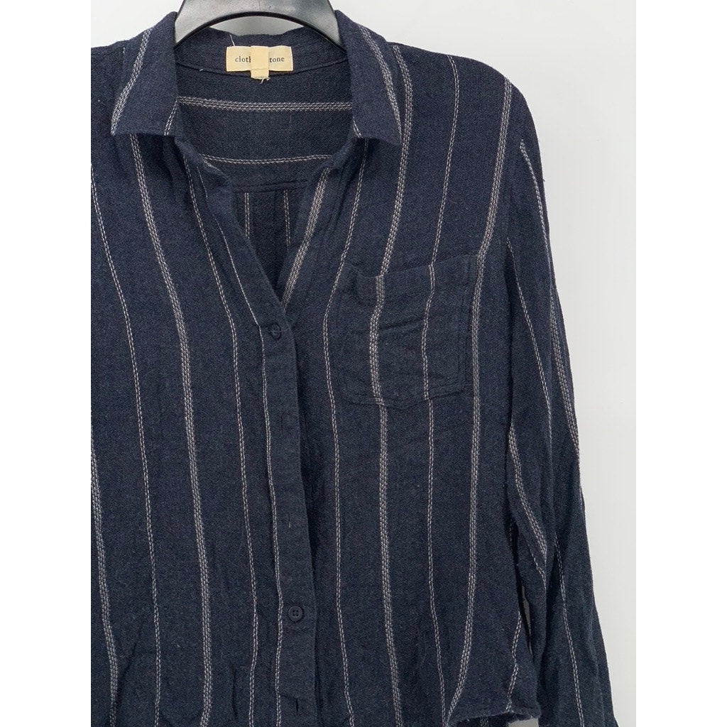CLOTH & STONE Women's Navy Button-Up Long Sleeve Striped Tulane Top SZ S