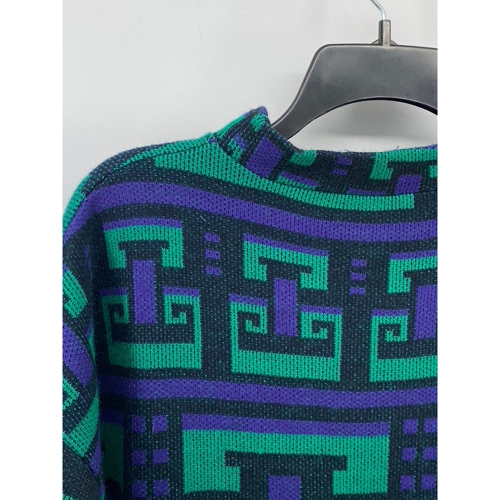 UNBRANDED Women’s Blue-Green Geo Print Long Sleeve Knit Midi Sweater Dress SZ L