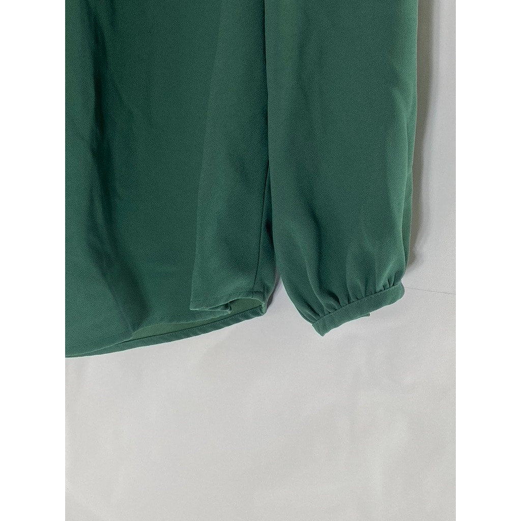 J.CREW Women's Dark Green Ruffle-Neck Long Sleeve 365 Crepe Top SZ S