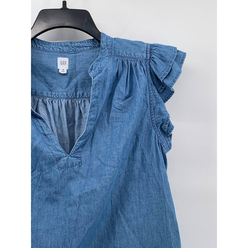 GAP Women's Blue Chambray Split-Neck Flutter Short Sleeve Top SZ S