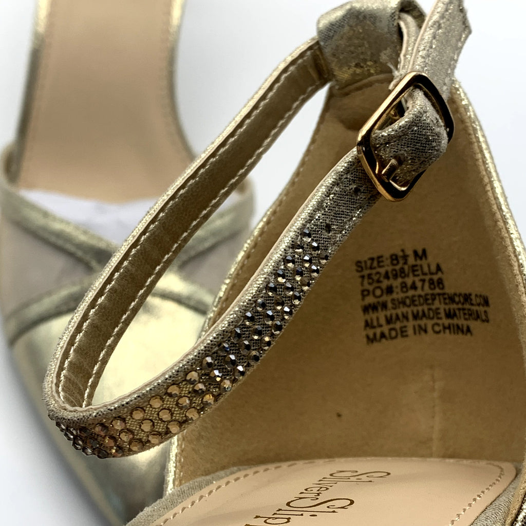SILVER SLIPPER Women's Gold Ella Pointed-Toe Ankle-Strap Rhinestone Heels SZ8.5