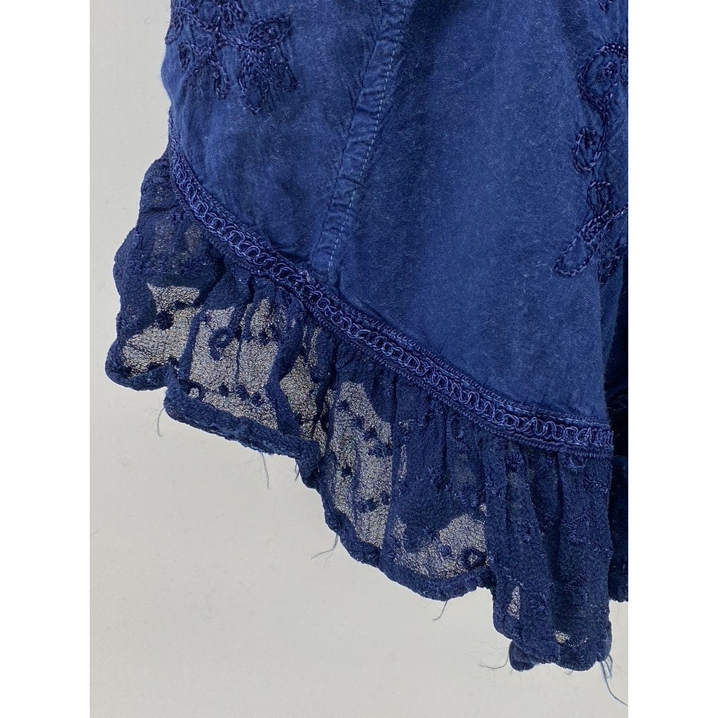 REBELLION Women's Navy Blue Lace-Trim V-Neck Smocked Tank Top SZ M