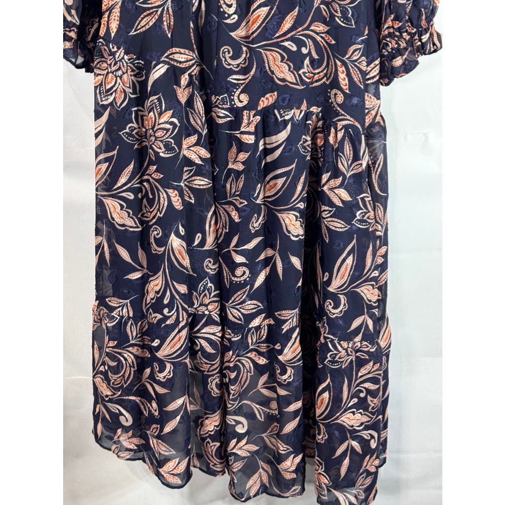 ELIZA J Women's Navy Floral Jewel Neck Tiered Chiffon Long Sleeve Dress SZ 8