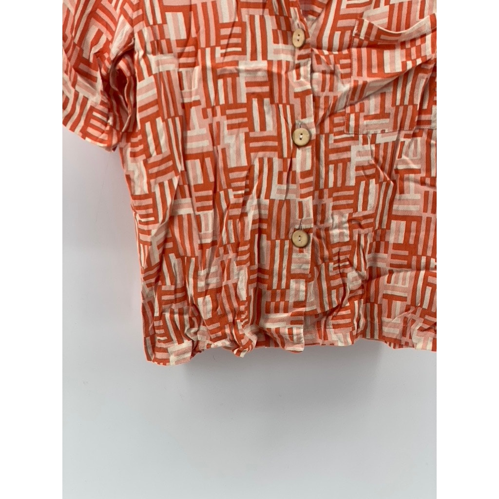 NICE THINGS Women's Orange-White Dessau Print Short Sleeve Button-Up Top SZ40(8)