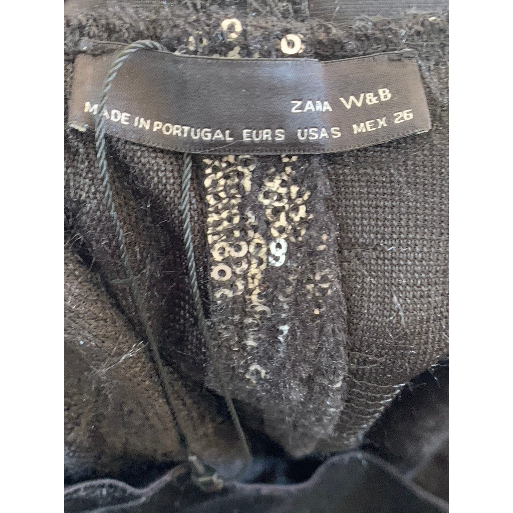 ZARA W&B Women's Black/Silver Sequin Embellished Pull-On Mini Skirt SZ S