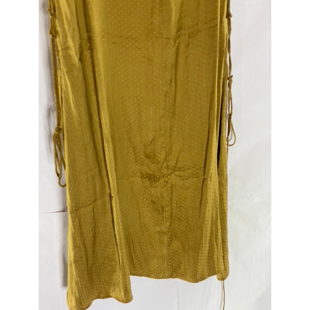 SIMPLE RETRO Women's Gold Micro Dot Print V-Neck Side Slit Midi Dress SZ S