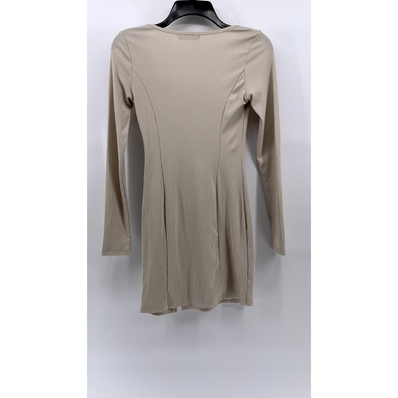 SHEIN Women's Beige Ribbed Square-Neck Slit Bodycon Dress SZ S