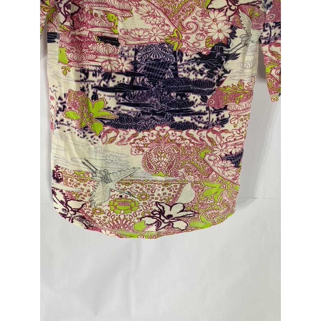 LUEFAY TEES Women's Beige-Multi Scoop-Neck Elbow-Sleeve Lightweight Top SZ M