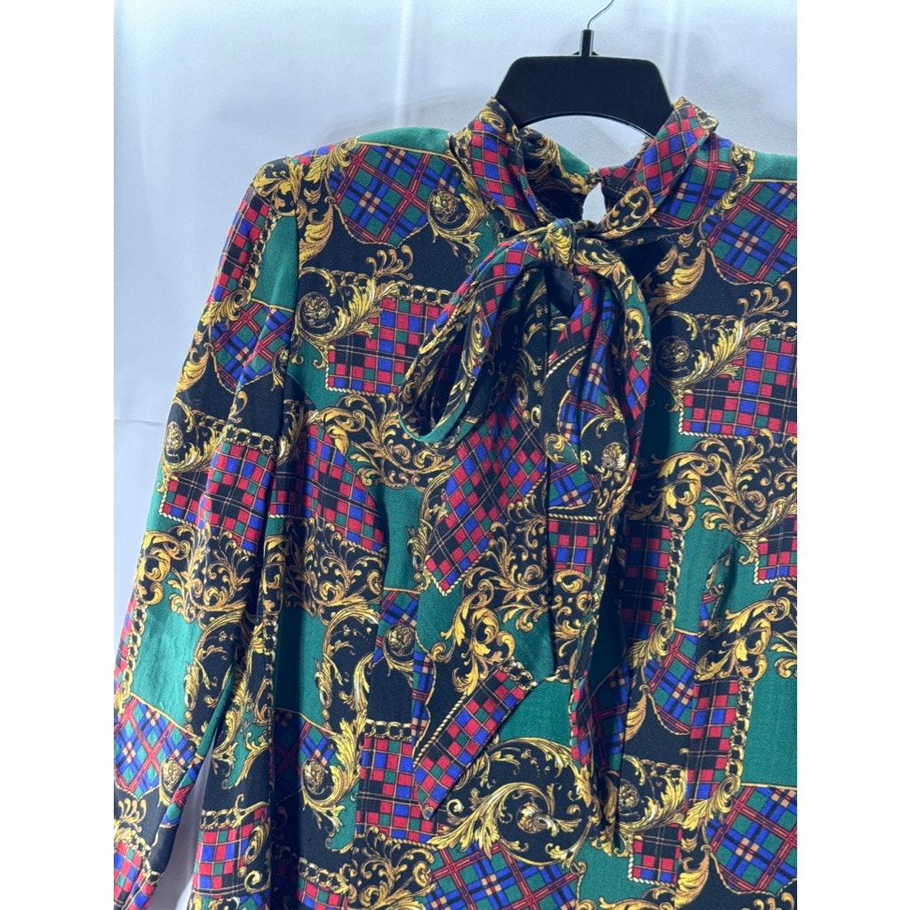 Women's Green/Tan Printed Wool Tie-Neck Long-Sleeve Fit & Flare Dress SZ M