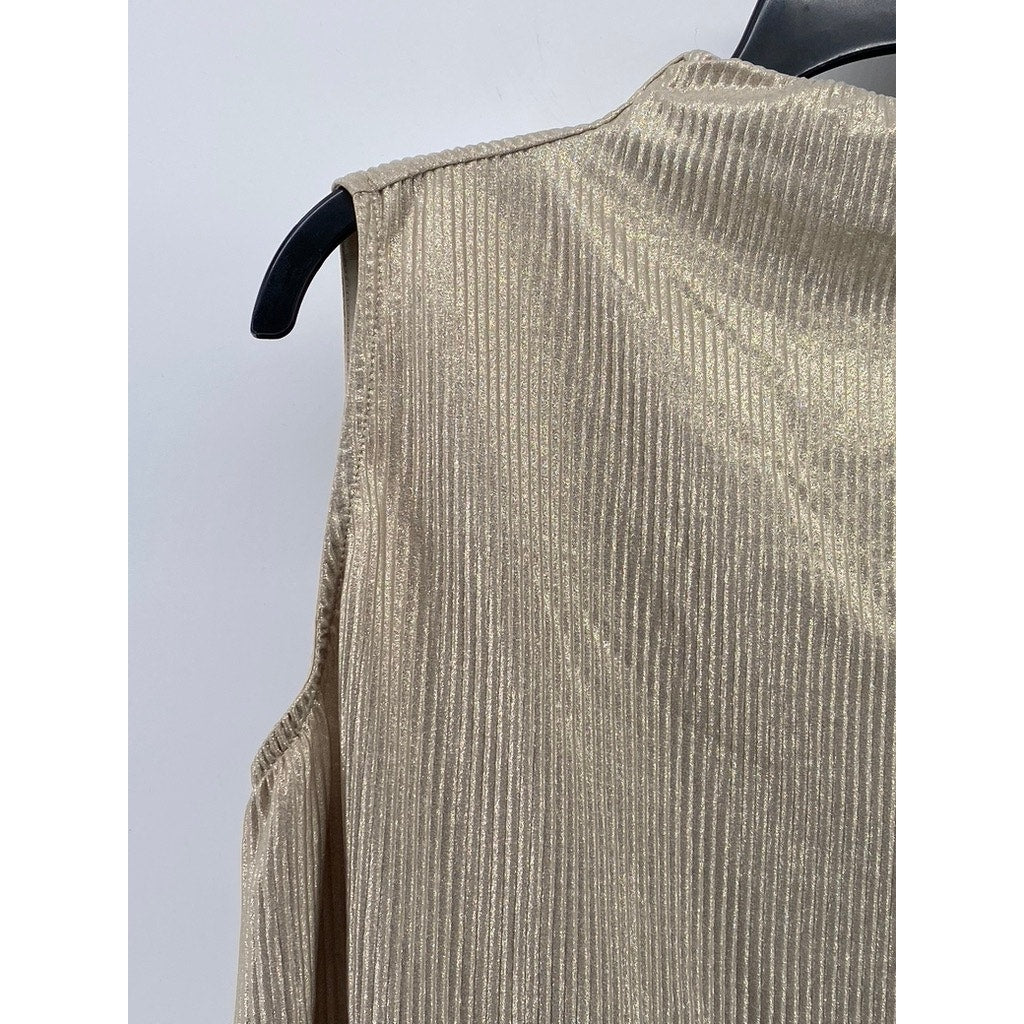 ANN TAYLOR Women's Gold Shimmer Ribbed Mock-Neck Sleeveless Top SZ S