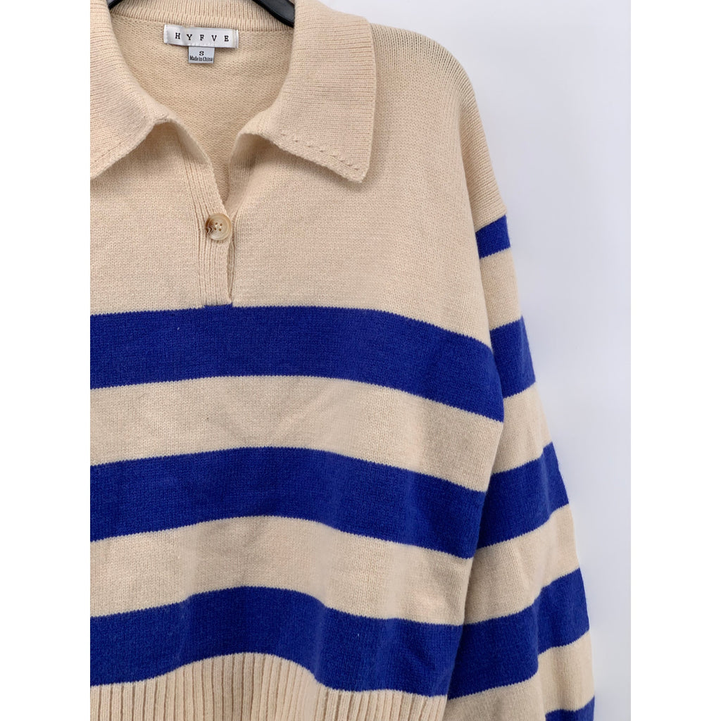 HYFVE Women's Blue-Beige Knit One-Button Lorraine Cobalt Stripe Polo Sweater SZS