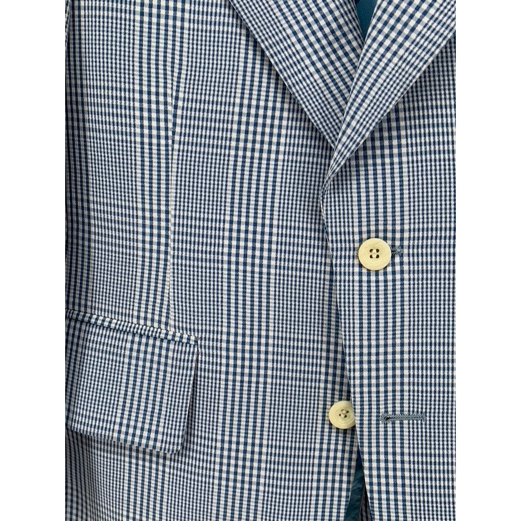 HUGHES & HATCHER Men's Blue Vintage Gingham Plaid Two-Button Blazer SZ 37S