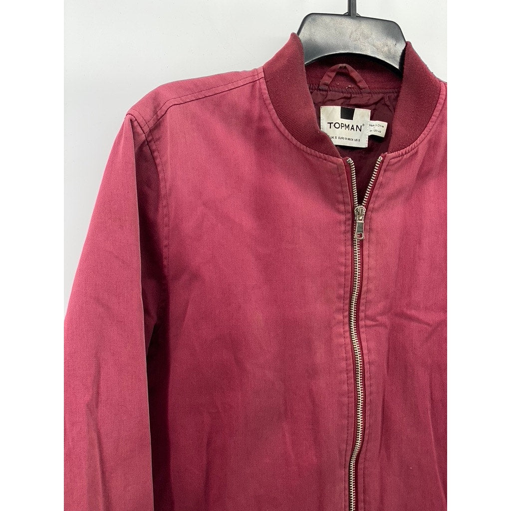 TOPMAN Men's Burgundy Mandarin-Collar Long Sleeve Zip-Up Bomber Jacket SZ S