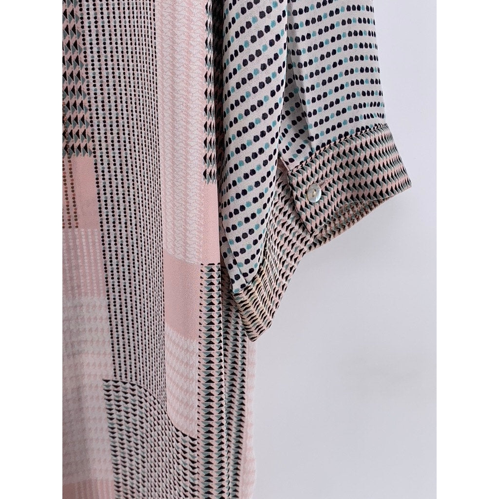 ROSE + OLIVE Women's Plus Pink-Gray Geo Print Button-Up 3/4 Sleeve Top SZ 1X