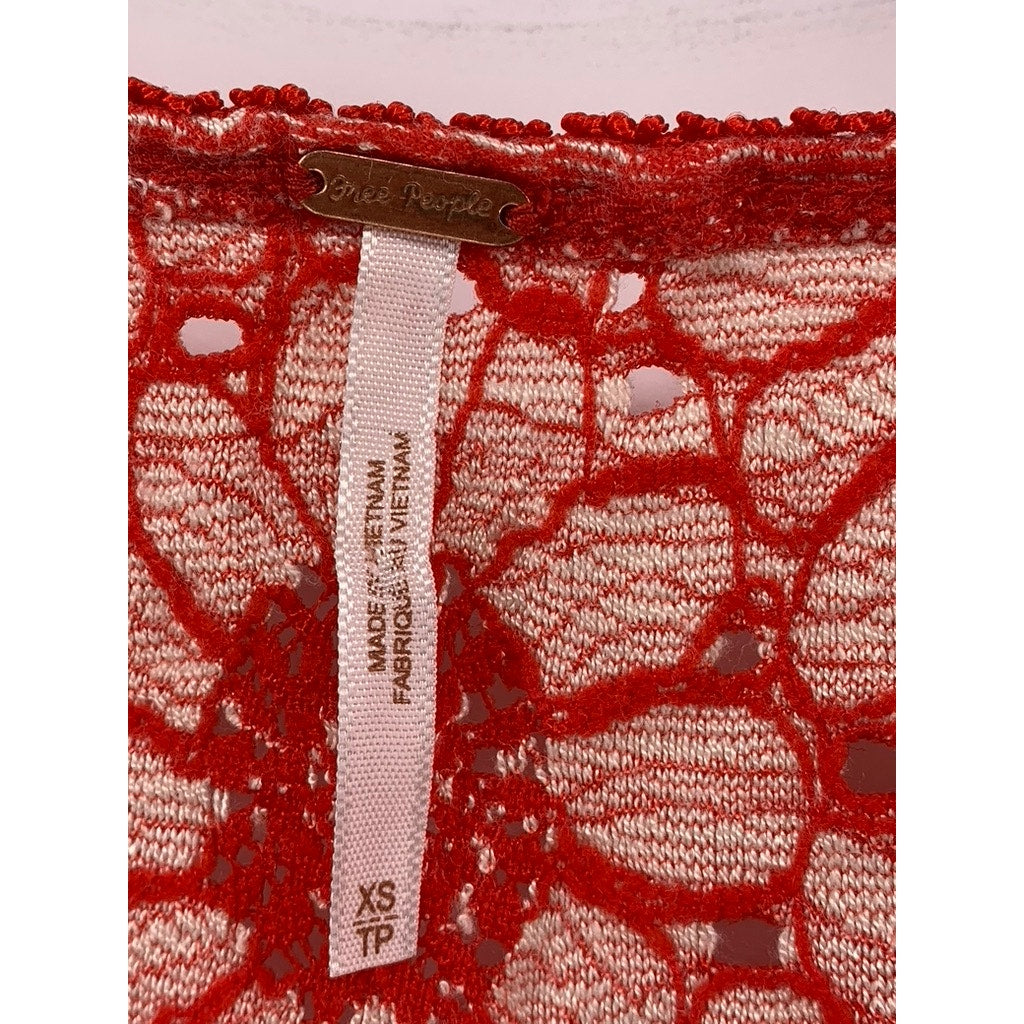 FREE PEOPLE Women's Red-Beige Floral Lace Long Sleeve Scoop-Neck Mini Dress SZXS
