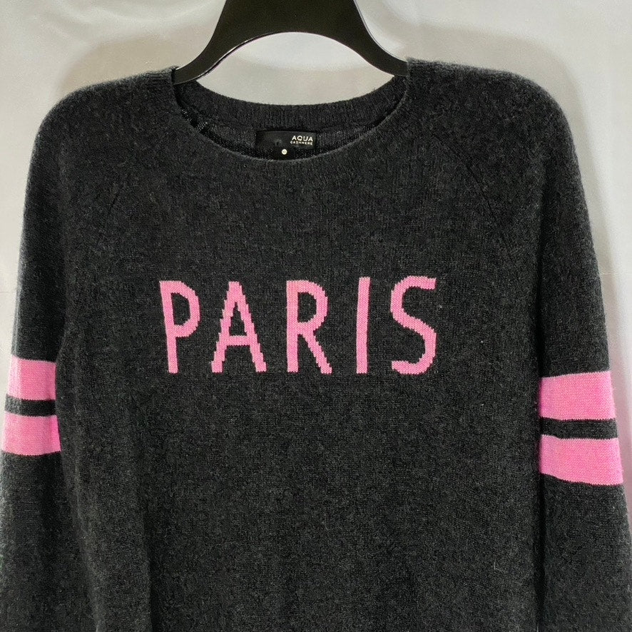 AQUA Women's Dark Gray-Pink "Paris" Logo Crewneck Cashmere Hi-Low Sweater SZ XS