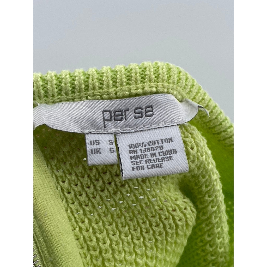 PER SE Women's Lime Green Knit Crewneck Zip-Up Long Sleeve Sweater SZ S