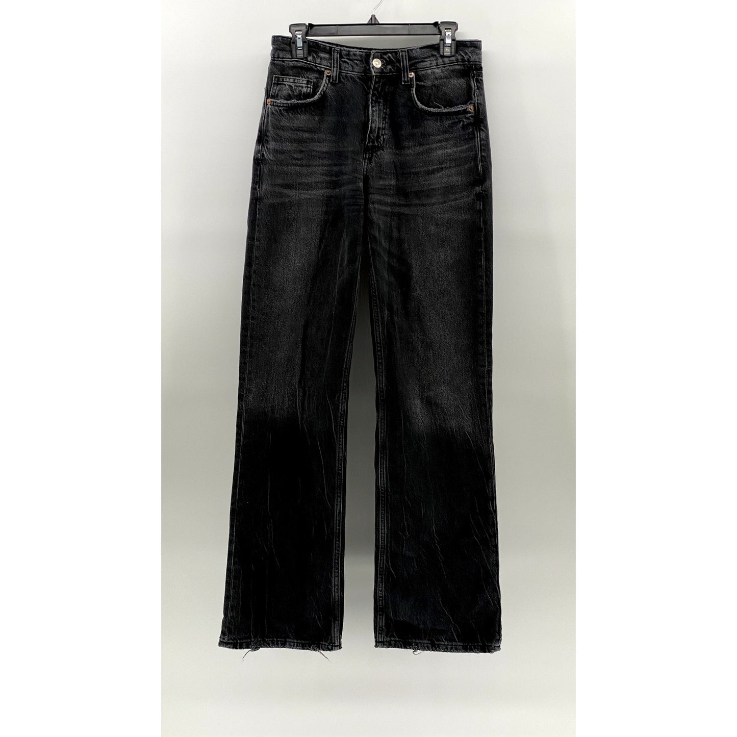 ZARA Women's Black Denim Distressed High-Rise Wide-Leg Regular-Fit Jeans SZ 4
