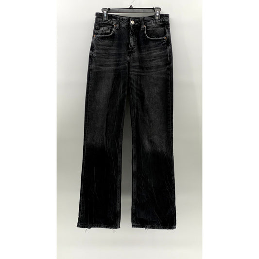 ZARA Women's Black Denim Distressed High-Rise Wide-Leg Regular-Fit Jeans SZ 4