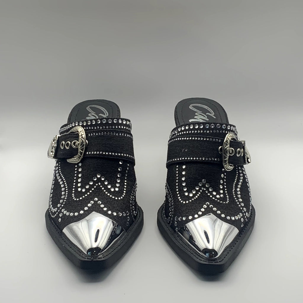 CAPE ROBBIN Women's Black Viv Rhinestone Denim Buckle Pointed-Toe Heels SZ 8