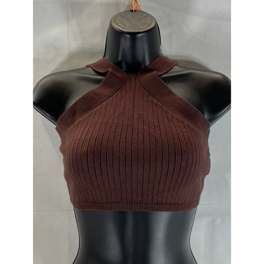 BDG BY URBAN OUTFITTERS Women's Brown Ribbed Cross-Neck Halter Crop Top SZ M