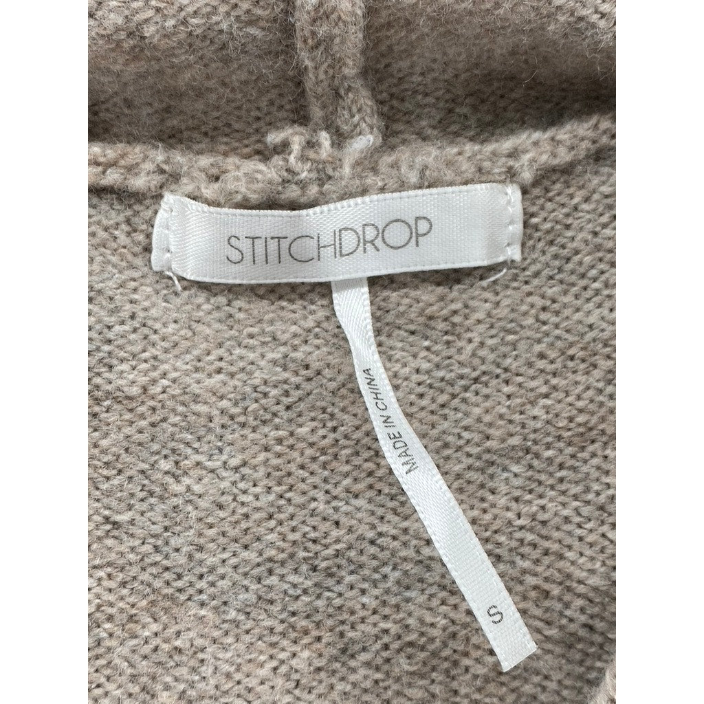 STITCHDROP Women's Beige Cable-Knit Long Sleeve Hooded Knee Sweater Dress SZ S