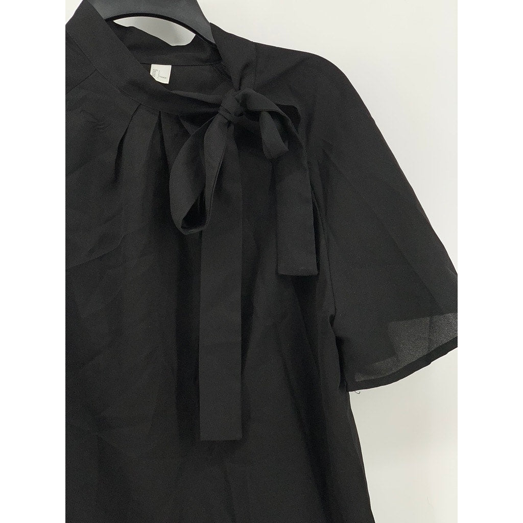 UNBRANDED Women's Black Neck-Tie Short Sleeve Top SZ L