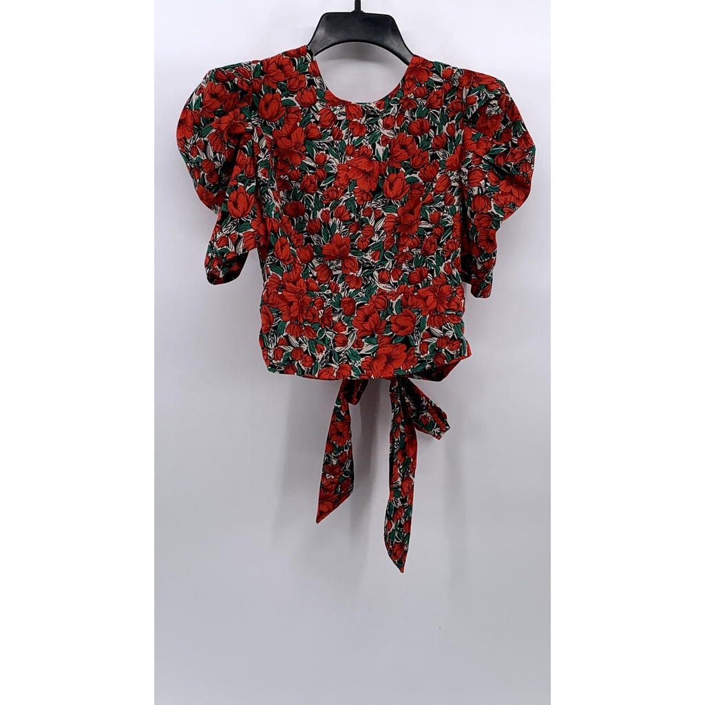 SHEIN Women's Red-Green Floral Short Puff Sleeve Wrap V-Neck Cropped Top SZ 4