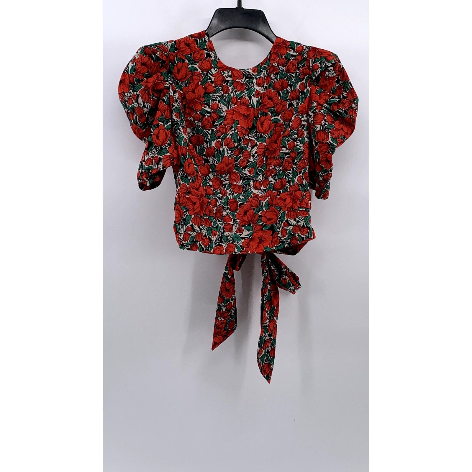 SHEIN Women's Red-Green Floral Short Puff Sleeve Wrap V-Neck Cropped Top SZ 4