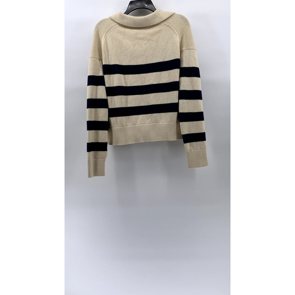 VELVET By GRAHAM & SPENCER Women's Beige-Black Striped Knit Sweater Polo SZ S