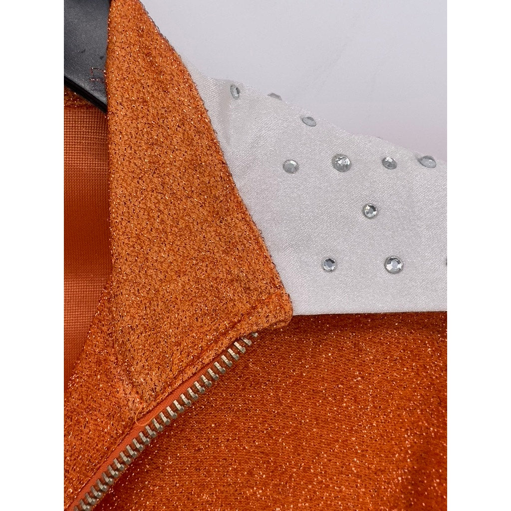 RODS Women's Orange-White Metallic Rhinestone Lightweight Zip-Up Top SZ L