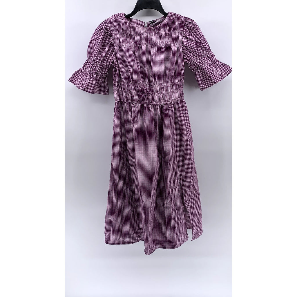 IINFLUENCE Women's Purple-White Mini Check Ruffle Short Sleeve Midi Dress SZ 8