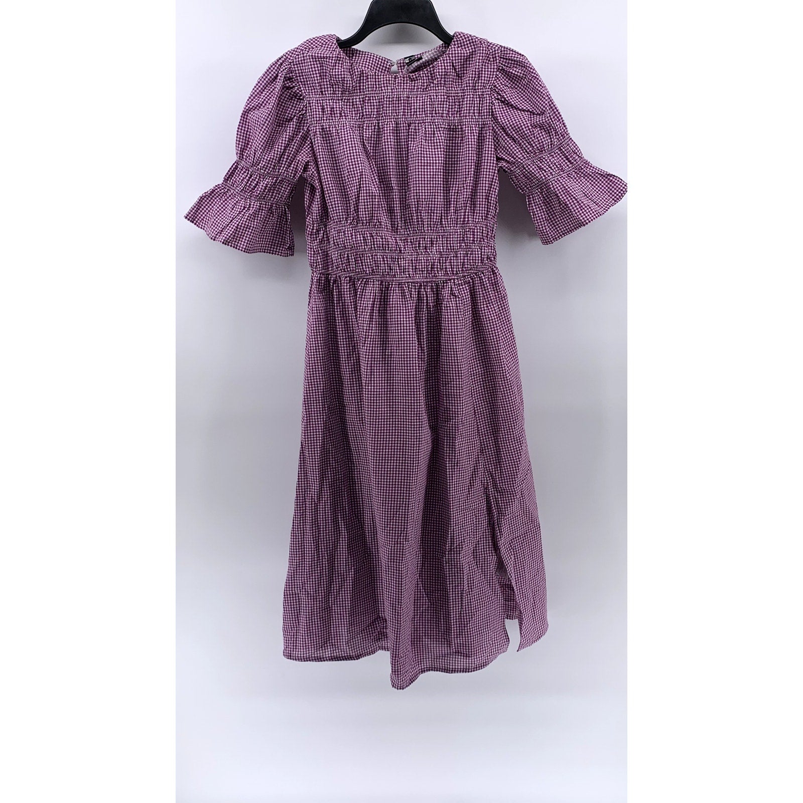IINFLUENCE Women's Purple-White Mini Check Ruffle Short Sleeve Midi Dress SZ 8