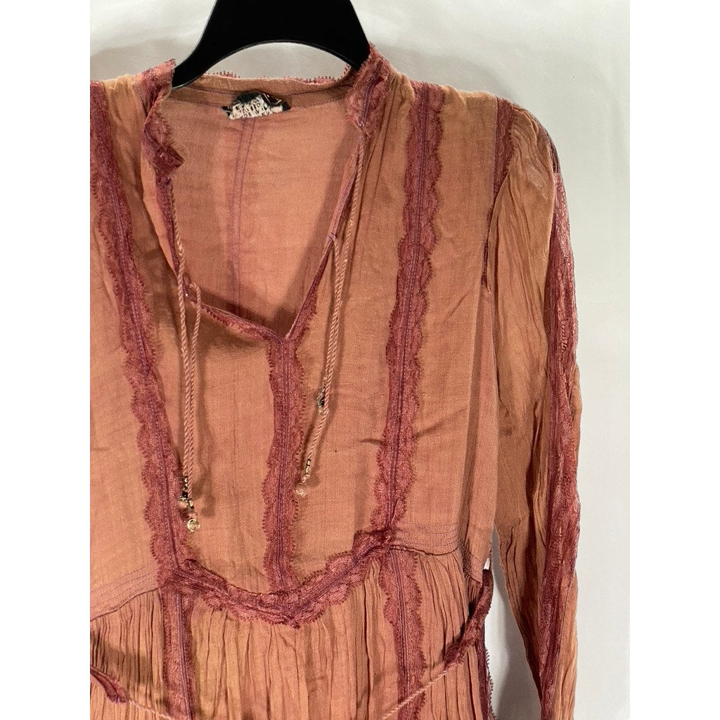 UNBRANDED Women's Burnt Orange Lace-Trim V-Neck Tiered Tie-Waist Midi Dress SZ S