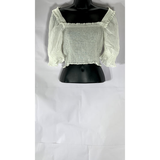 H&M Women's White Smocked Conscious Choice Puff-Sleeve Crop Top SZ S